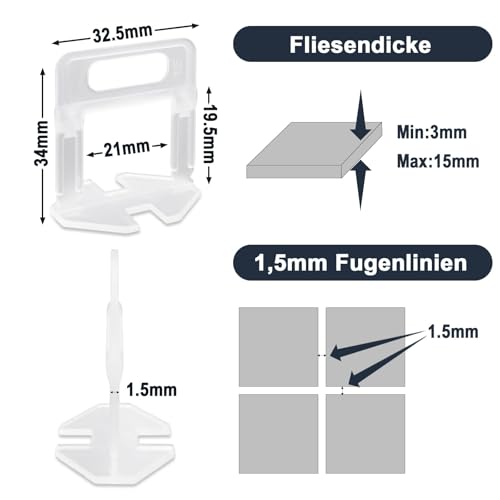 DENUOTOP Fliesen Nivelliersystem 500 Stück Laschen Zuglaschen 1,5 mm Fugenbreite, Verlegesystem Werkzeug für Fliesen Höhe 3-15mm