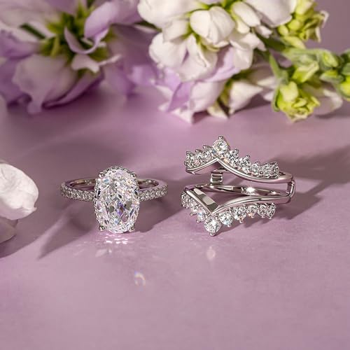 Image of Jeulia Gorgeous Twist Design Wedding Ring Set for Women; 925 Sterling Silver Oval CZ Crystal Inset Puzzle Bridal Ring Set 2PCS Stackable Ring Band Romantic Anniversary Jewelry Gift with Box