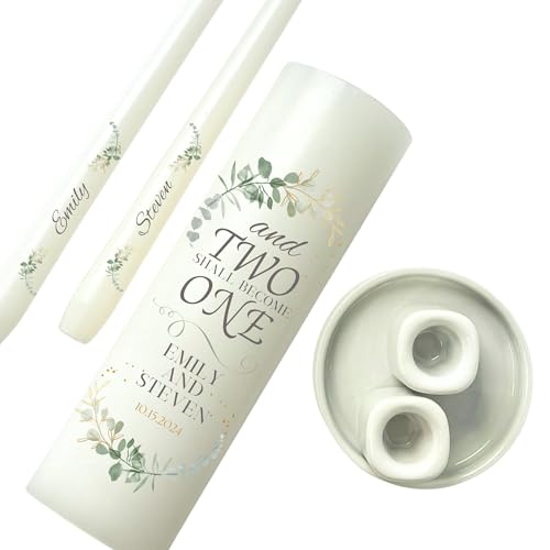 Unity Candles for Wedding, Modern Unity Set, Custom and Personalized Pillar and Taper Candles with Quote, Unscented White Premium Wax, Religious and Wedding Ceremony, Special Events (Custom Date)