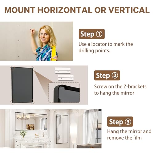 New Upgrade Bathroom Mirror, 60X30 Inch Black Metal Frame Wall Mounted Rounded Rectangle Bathroom Vanity Mirror with Tempered Glass for Washroom Bedroom Living Room