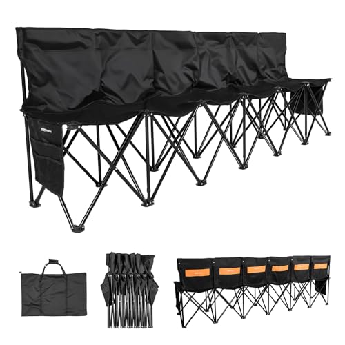 VEVOR Portable Folding Bench, 6 Seat Soccer Bench with Multiple Storage Pockets & Carrying Bag, Lightweight Sideline Seating with Back Rest for Football, Baseball, Camping, Outdoor Events, Black