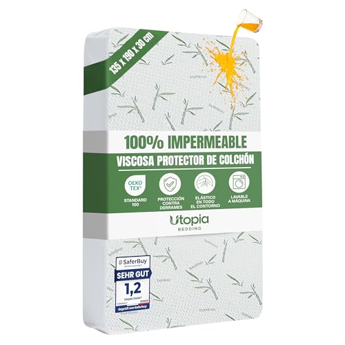 Utopia Bedding Protector de Colchón 135 x 190 x 30 cm Impermeable, Viscosa Premium, Certificación Oeko Tex, Cubre Colchón Transpirable, Elástico En Todo