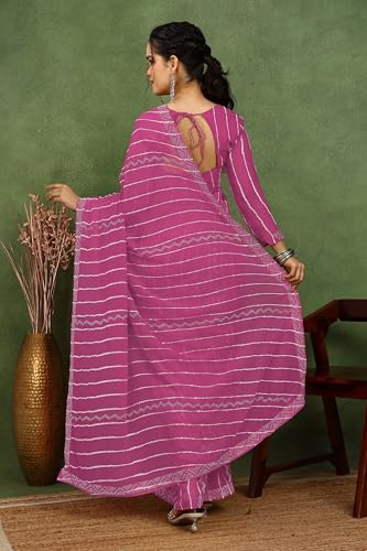 Image of MIRCHI FASHION Saree for Woman Georgette Solid with Satin Stripes | Stone Border Farewell and Ceremonial Sari with Blouse Piece