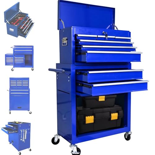 Thaookte Large Rolling Tool Cabinet, 2-in-1 Detachable Metal Tool Chest with 8 Drawers, Wheels, Handle & Hooks, Lockable Tool Box Trolley for Garage Workshop, Warehouse, Blue