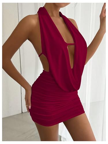 Image of SOLY HUX Women's Sexy Deep V Neck Halter Bodycon Mini Dress Sleeveless Party Club Dresses