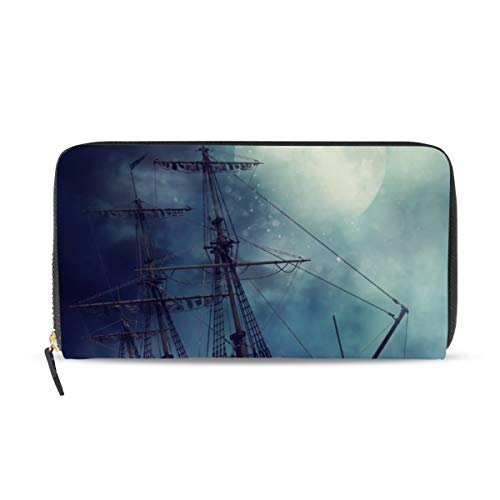 Portefeuille long en cuir pour femme avec fermeture éclair motif pirate