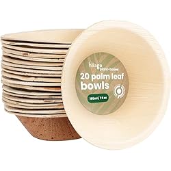 Cazuelas Desechables HAAGO 20 cuencos de hoja de palmera compostables y desechables (180 ml, redondos) - Vajilla ecológica para picnic y exterior - Congelador y microondas