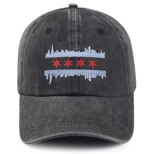 MOLIAN Chicago Illinois Skyline Flag Embroidered Baseball Cap for Men Women - Adjustable Cotton Washed Dad Hat Black