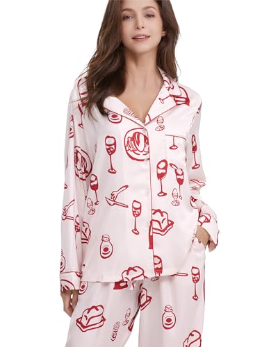 Image of YiNi LuLu Womens Silk Satin Pajamas Set Button Down 2 Piece Pjs Long Sleeve Oversized Sleepwear with Pockets