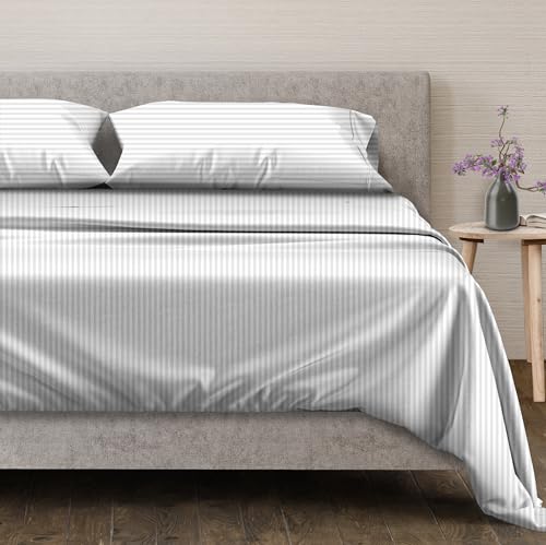 Mayfair Linen 100% Egyptian Cotton Full Size Sheets Set - Luxury 600 Series Voyage Collection Egyptian Cotton Sheets Full Size (4 PC, White - Stripe), Soft, Cooling, 16" Deep Pocket Hotel Bed Sheet