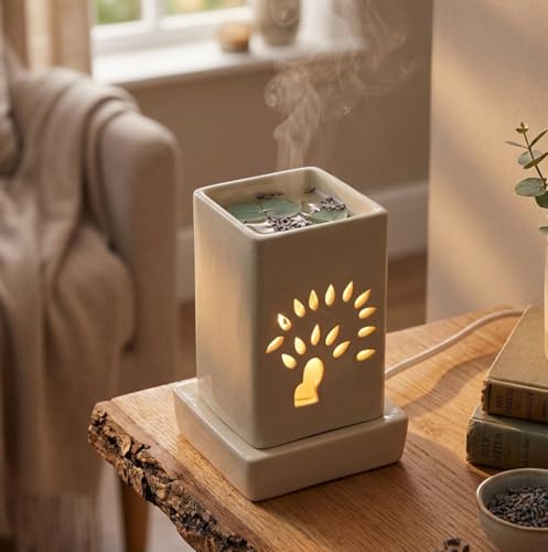 Image of Mkd2 Rise Ceramic Electric Aroma Diffuser Oil Burner Lamp I Oil Diffuser Electric for Home Fragrance at Home, Office, Hotel - Square (7 inch, Ivory White)