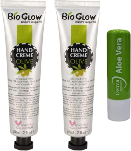 Nature Inspired Bio glow Olive Oil Hand Cream Nature Enriched With Aloe Vera, Shea Butter, Vitamin E, Travel Size, 2 Tubes 60ml With Free Aloe Vera Lip Balm