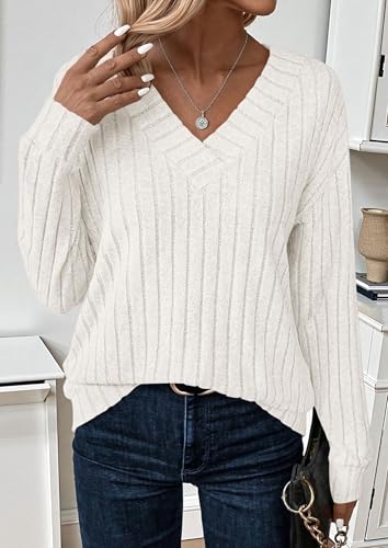 PRETTYGARDEN Fall Fashion 2025 Long Sleeve Shirts for Women Ribbed Knit V Neck Dressy Casual Lightweight Sweaters Tunic Tops3