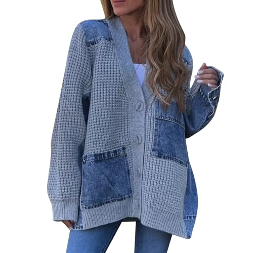 Patchwork Oversized Sweaters for Women Trendy Chunky Knit Open Front Sweater V Neck Button Cardigan Fall Clothes Coat