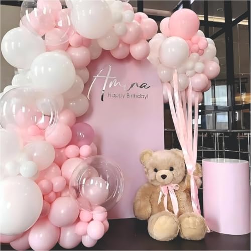 Image of Happy Birthday Balloons Decoration Kit - 46 Pieces Pink and White Balloons | Happy Birthday Party Arch Garland Decoration Set with Gold Palm Leaves Decor Item Perfect for Parties