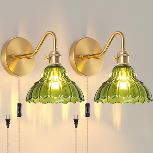 Image of Plug-in Wall Sconce (Set of 2), Vintage Wall Decorative Lamp with Green Glass Shade, Indoor Brass Plug-in Wall Sconce for Bedroom, Living Room, Bathroom, Hallway