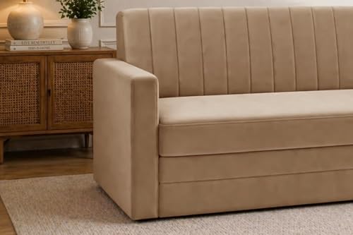 Image of Modern Velvet 3 Seater Sofa Cum Bed with Armrest, Convertible Sleeper Couch Sofa for Living Room, Bedroom & Office - Golden Color