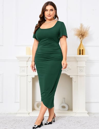 Image of ZOMVA 2024 Plus Size Cocktail Dress Comfortable Bell Sleeves Wedding Guest Square Neck Semi Formal