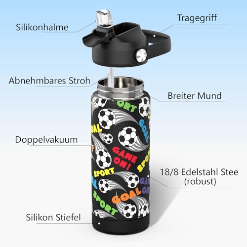 Ntswasd Trinkflasche Edelstahl Strohhalm-Thermosflasche 550ml-BPA Frei-Auslaufsicher-Thermo Wasserflasche für Schule,Sport,Kinder,Fitness(Spiel)