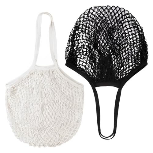 EOYVAIL Einkaufstaschen,Baumwoll-Netzbeutel, wiederverwendbare Netzbeutel, Obst- und Gemüse-Aufbewahrungsbeutel (2 Stück, schwarz/Meter)
