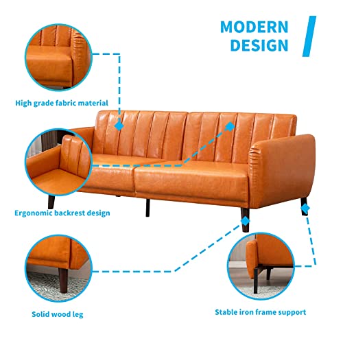 Mjkone Convertible Futon Sofa Bed Faux Leather Sofa Couch Modern 77 Inch 2 Seater Leather Couch With Hand-Stitched Comfort Cushion For Living Room Apartment Small Space - Cognac #TOP4