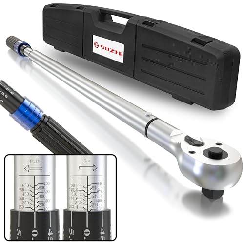 Image of SuZhi 3 /4 Inch Drive torque wrench 100-700 ft lb /135-949N.M /Aluminum Alloy handle & Cr-Mo Material Head, Heavy Duty, Professional,Dual Direction, Store in Solid Case