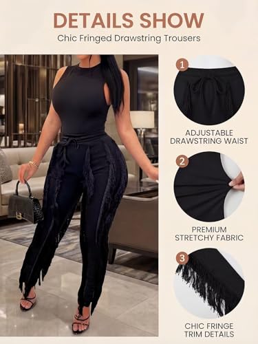 Image of EDITCOZY Women Sexy Two Piece Outfits Fringe Pants Set Tassel Club 2 Piece Sets Going Out Birthday Party Night