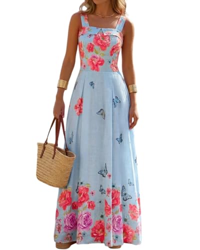 CHICME Womens Floral Butterfly Print Maxi Dress Quare Neck Spaghetti Strap Shirred Bodice Flowy A Line Boho Vacation Summer Beach Dress-Lighted Blue-L