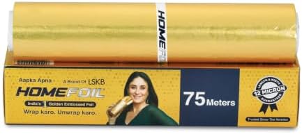 HOMEFOIL 75 Meters Golden Embossed Converted Aluminium Foil | 12 Micron Thickness | Keeps Food Fresh Always | Perfect for Food Wrapping, Packing, Storing and Serving