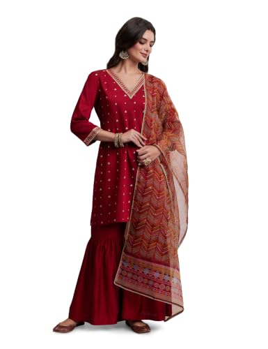 Image of Amazon Brand - Myx Women's Straight Kurta Set with Sharara Pant | Printed Dupatta | Sharara Suit Set with Dupatta (Available in Plus Sizes)