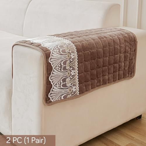 Image of HOKIPO 'BelleLace Series' Imperial Milk Velvet Anti-Slip Sofa Armrest Covers with Lace | 1 Pair - Mocha Brown (AR-5961-BRN*2)