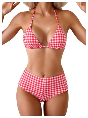 SweatyRocks Women's High Waisted Bikini Sets Plaid Halter String Swimsuits Two Piece Bathing Suit