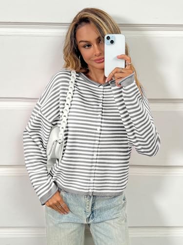 Image of Saodimallsu Womens Striped Cardigan Casual Long Sleeve Open Front Button Down Loose Knit Lightweight Fall Sweaters