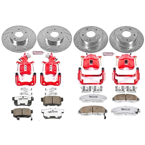 Image of PowerStop Front and Rear Brake & Caliper Kit for Honda Accord 2003-07 - Drilled & Slotted Disc Rotors + Carbon-Fiber Ceramic Brake Pads + Red-Powder Coated Calipers, KC2557-26