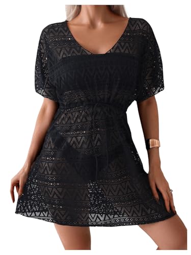 GORGLITTER Women's Sheer Hollow Out Swimwear Cover Ups V Neck Short Sleeve Drawstring Beach Dress Swimsuits Black Small