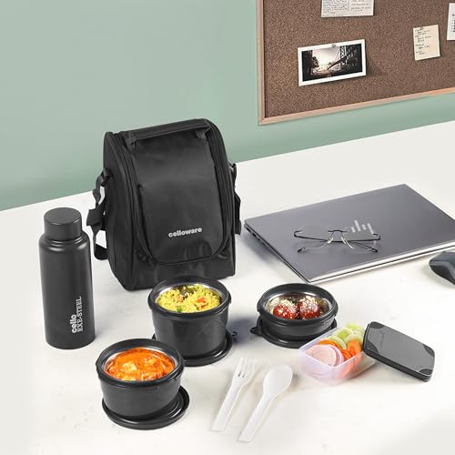 Image of CELLO MF All In One Lunch Box with Bag for Office Use, Black | 225ml, 375ml, 550ml Microwave Safe Containers, 175ml Salad Box, 900ml Bottle with Fork & Spoon, Airtight Leak Proof Tiffin Box for Travel
