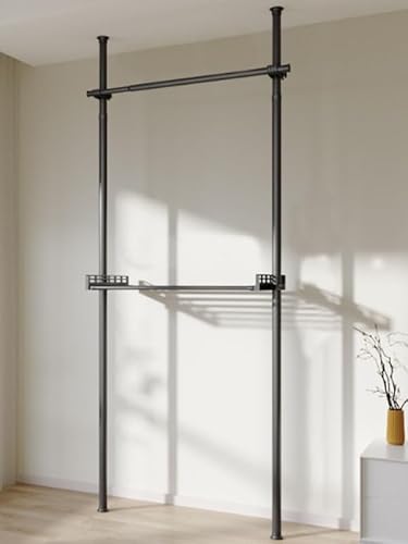 つっぱり式ハンガーラック 2段 3段 伸縮 高さ 110-310cm 幅 75-240cm 突っ張り スリム コンパクト 省スペース おしゃれ インテリア 収納家具 衣類収納 洋服掛け 室内干し スラックスハンガー 壁面収納 ポールハンガー 大容量 (ブラ