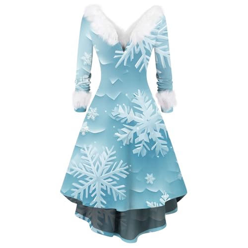 Holiday Outfits for Women 2024 Womens Christmas Oversized V Neck Long Sleeve High Low Dresses Fuzzy Collar Snowflakes Snowmen Print Fashion Vintage Cocktail Holiday Party Swing Dress Light Blue 3X