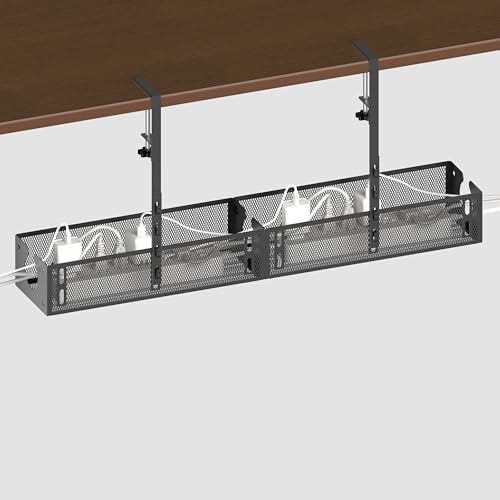 Under Desk Cable Management Tray - No Drill or Screw Mount Option, Heavy Duty Metal Cord Organizer Rack, Power Strip Holder for Office & Home