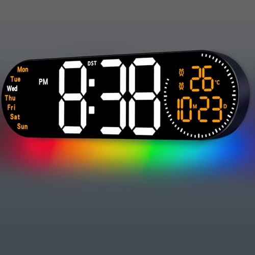 Image of 17.2 Inch Large Digital Wall Clock with 9 Color Changing Remote Control, Date Week Temperature, Auto Brightness Dimmer Clock Night Lights,Orange