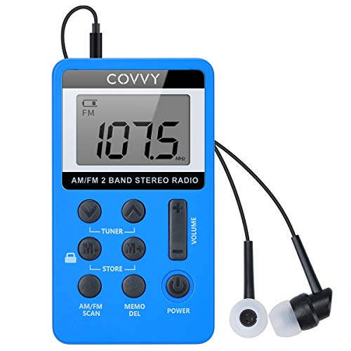 AM FM Radio de bolsillo Covvy Digital Sintonizador AM/FM Mini Radio Estéreo Reproductor con batería recargable y auriculares para caminar al aire libre (azul)