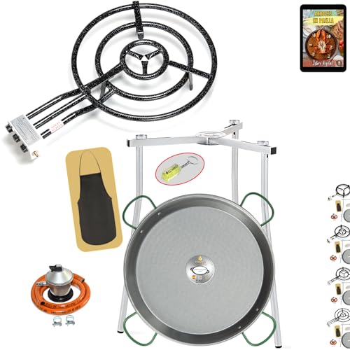 COMBOI Poêle à paella gaz butane 70 cm, poêle à paella 90 cm, kit brûleur, régulateur de gaz, tuyau, pieds trépied, niveau, tablier, livre de recettes...