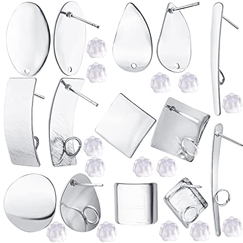 14pcs Silver Earring Studs Set,Earring Post Ear Studs Rhombus Flat Round Rectangle Earring Findings with Loop Hole and Earring Backs for Jewelry Earring Making