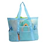 TOPASION Large Mesh Beach Tote Bag Lightweight Pool Bags for Sand Toys Family Travel Grocery Bags Reusable Shopping Bags (Sky Blue)