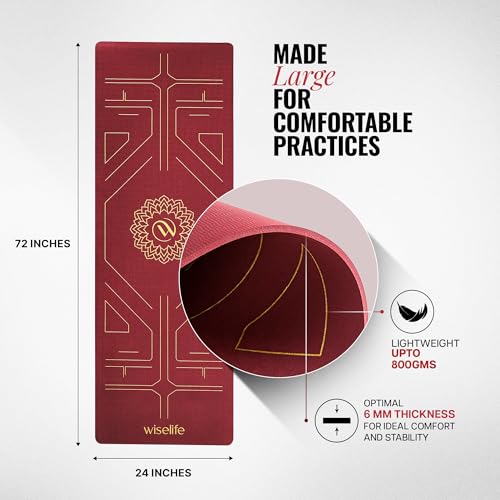Image of Wiselife True Body Alignment Yoga Mat + Sleek Yoga Strap For Men And Women | Non-Slip Textured Extra Wide & Thick | Pro Balance Eco Tpe Exercise Mat For Home, Pilates, Gym & Fitness (6MM, Wine)