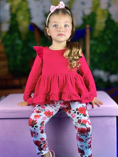 Image of Arshiner Toddler Girl Clothes Ruffle Trim Long Sleeve Pullover Top and Floral Print Leggings Fall Outfits Kids Clothing Sets