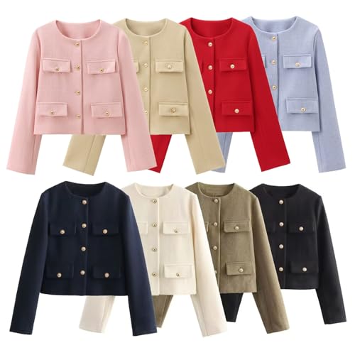 Womens Cropped Tweed Blazer Jackets Long Sleeve Slim Coat Button Down Business Casual Outfits Winter Work Office Coat2