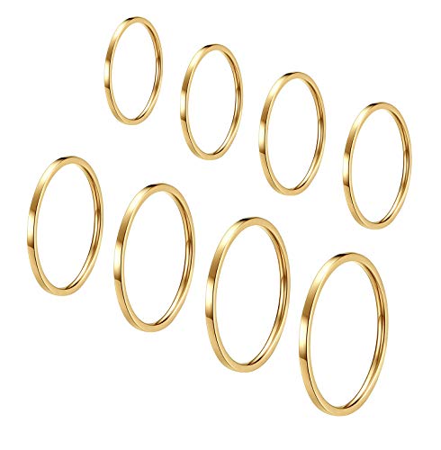 Rinspyre 8 Pieces Stainless Steel 1mm Women's Stacking Ring Set Plain Band Dainty Knuckle Midi Rings Comfort Fit Gold Tone
