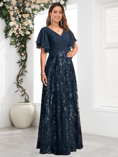 Mother of The Bride Dresses for Wedding Chffion Sequin Lace V-Neck Ruched Long Formal Dress3