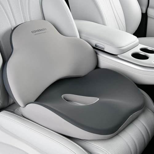 Image of Coverado Seat Cushion and Lumbar Support Pillow for Car Office Chair, Ergonomic Memory Foam Desk Chair Cushion Back Support Pillow, Sciatica & Back & Tailbone Pain Relief Cushion-Black&Gray
